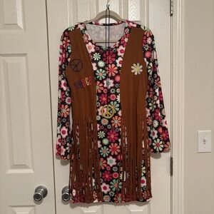 Floral Fringe Dress with Peace Symbols